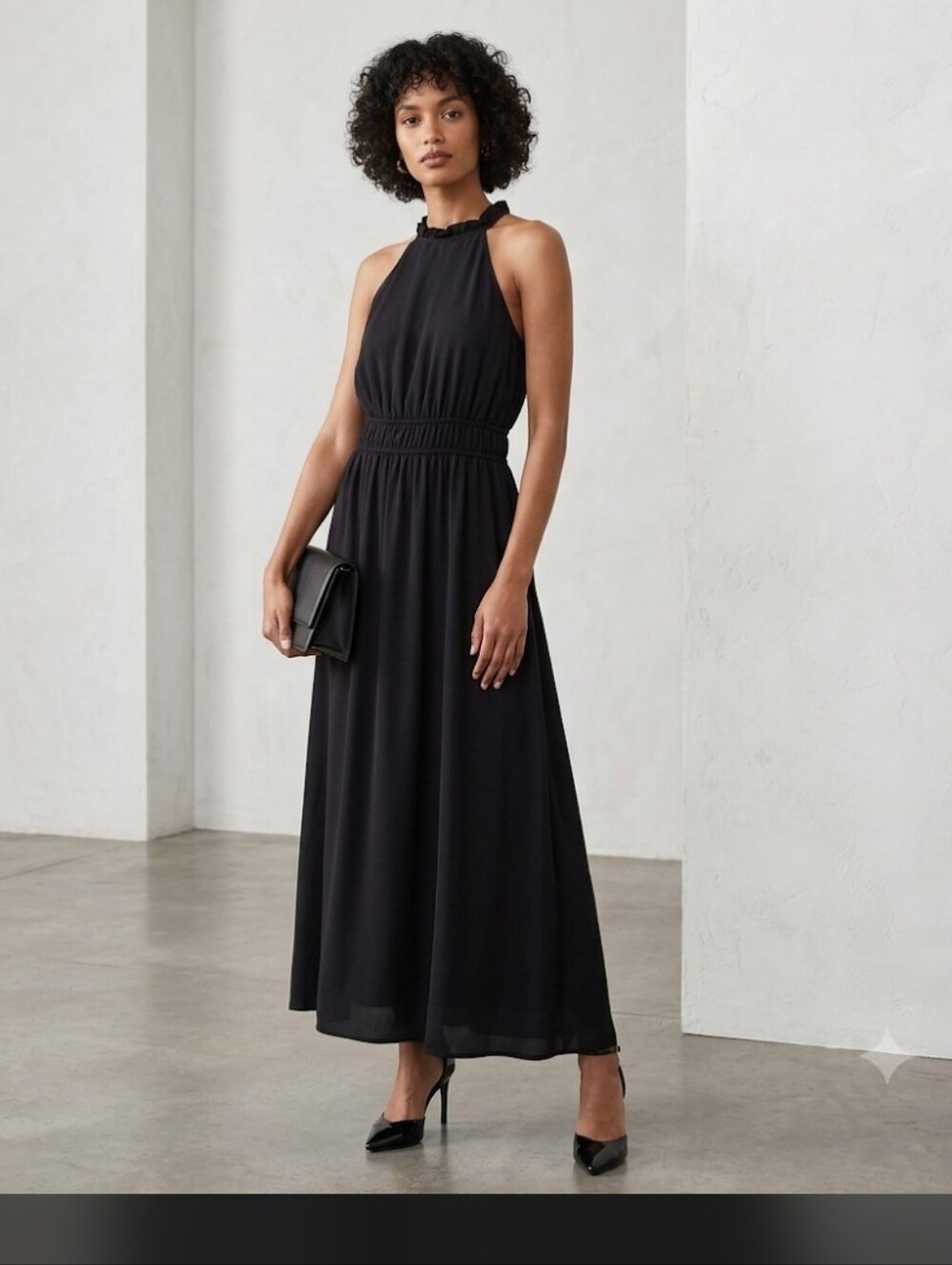 NWT Nine West Gather Waist Halter Maxi Dress M Black Minimalist Roman #8400